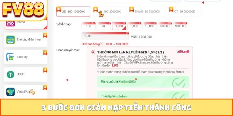 3 bước đơn giản nạp tiền thành công