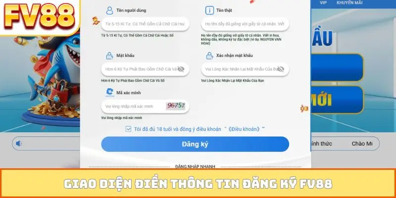 Giao diện điền thông tin đăng ký FV88